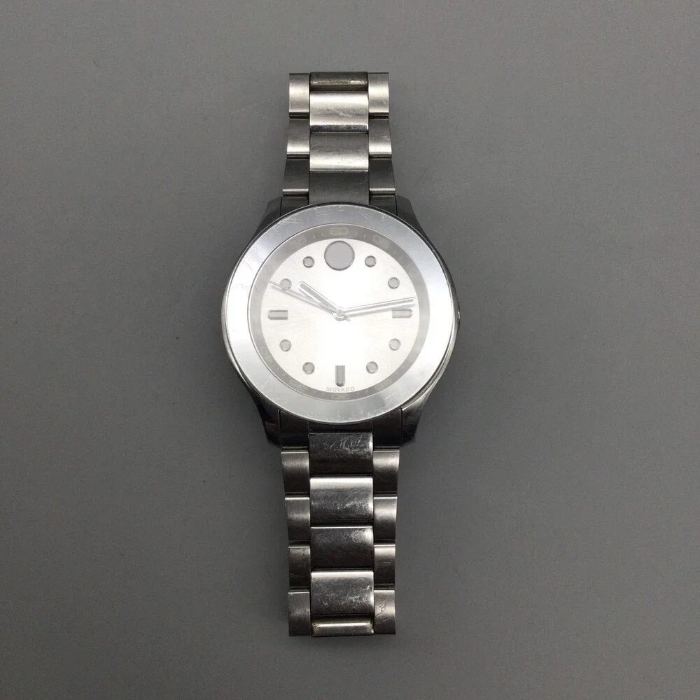 Movado Bold Womens Watch 36mm Silver Tone Black Bezel New Battery 7.25